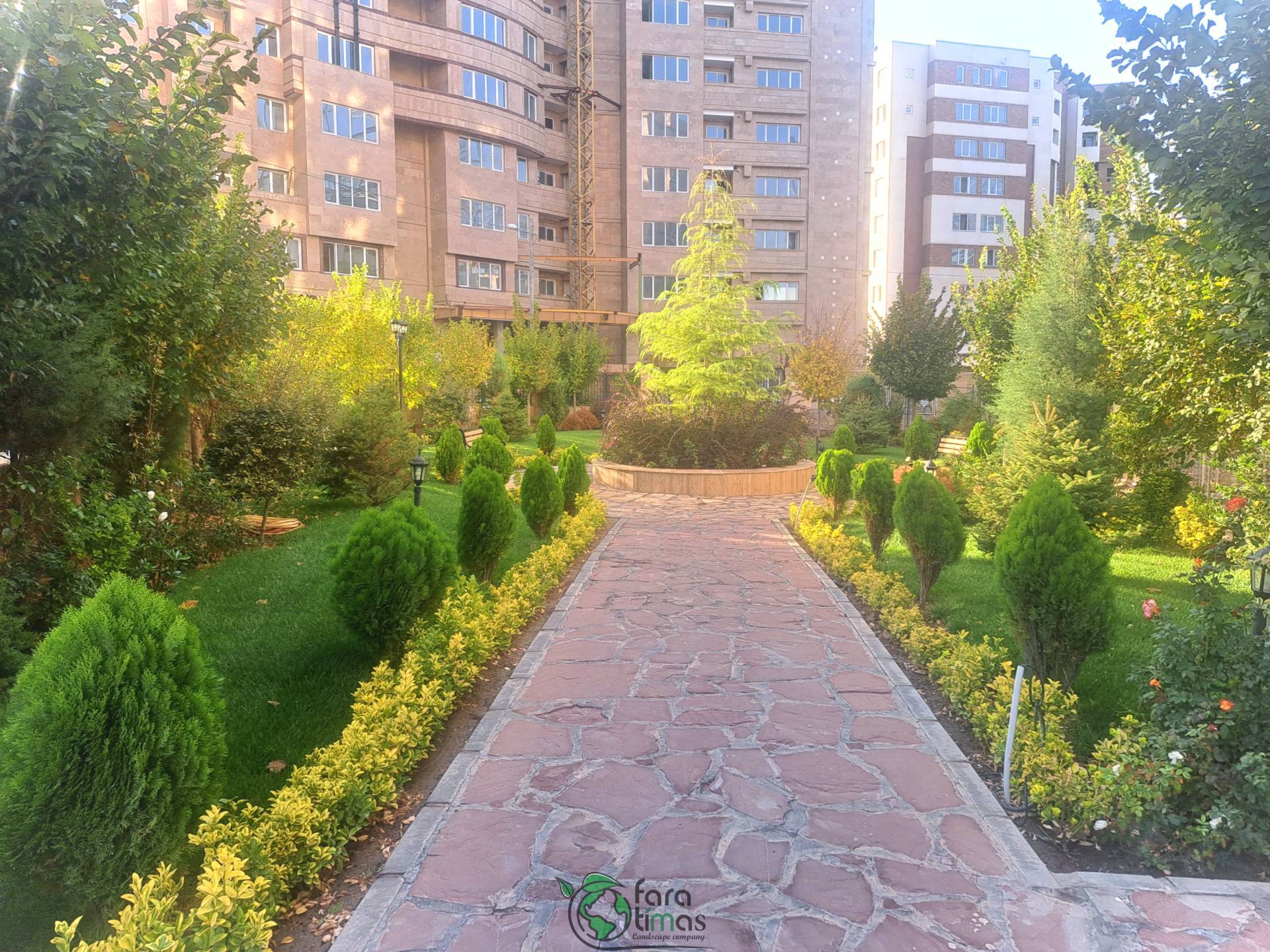 طراحی و اجرای درختان نارون با ترکیب سرو نقره ای / کاشت پرچین رزماری 